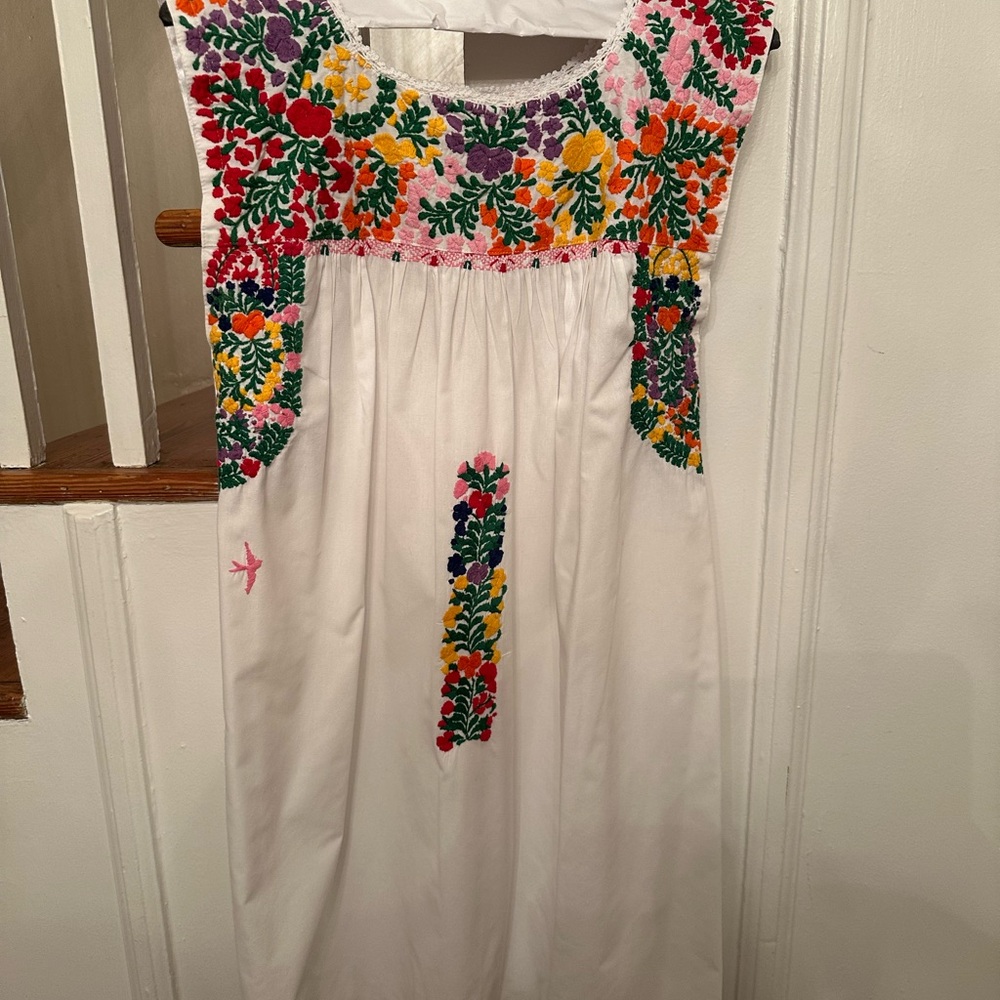 Mi Golondrina White Dress with Multicolor Embroidery Small